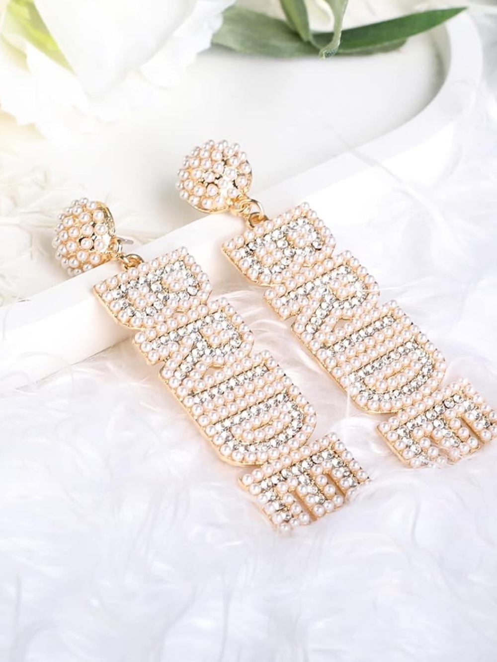 Anthropologie Gold and Pearl 'BRIDE' Crystal Drop Earrings - Picture 1 of 4